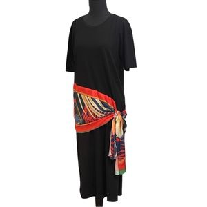 Zara Black T’shirt Midi Dress Sz M Silky Tropical Print Waist Scarf Tie Belt